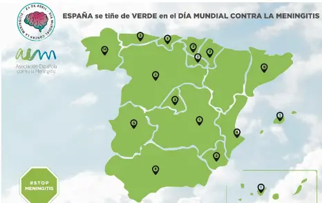 Mapa de España con marcadores de ciudades que participaron en la iluminación verde durante el Día Mundial contra la Meningitis.