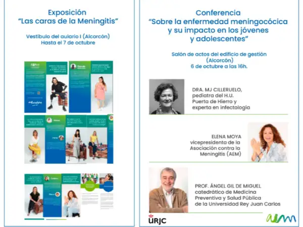 Cartel informativo de la exposición “Las caras de la meningitis” y la conferencia sobre meningitis meningocócica celebradas en Alcorcón durante el Día Mundial contra la Meningitis 2022.