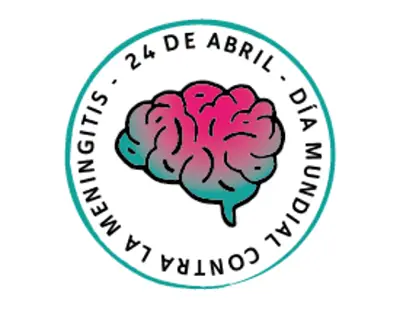 Icono circular del Día Mundial contra la Meningitis con un cerebro rosa y verde y la fecha original del 24 de abril.